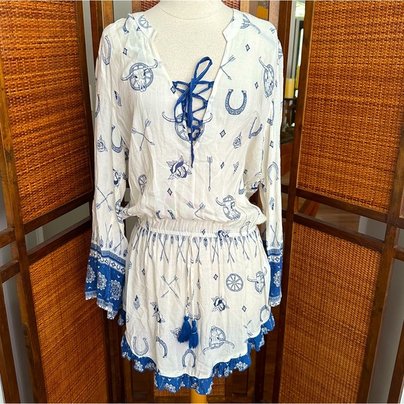 Last chance sale! NWT SURF GYPSY Blue Ivory Swim Beach Cover Up dress medium - Picture 1 of 11